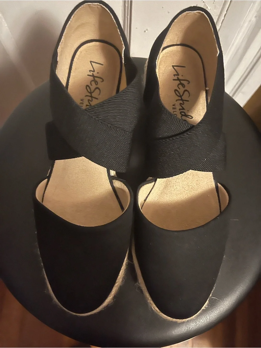 New Life Stride Black Espadrille Wedge Sandals